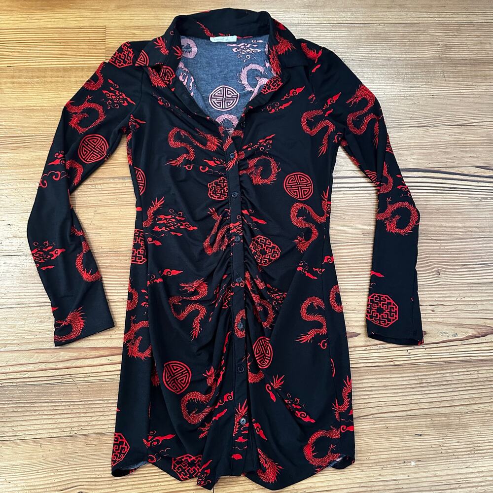 Timing black red Asian print long sleeve button down‎ ruched dress SIZE L